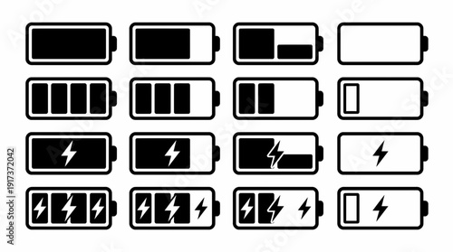 Set of battery charge level indicator icons showing full to empty status with lightning bolt charging symbols, concept for interface design, mobile app development and power management