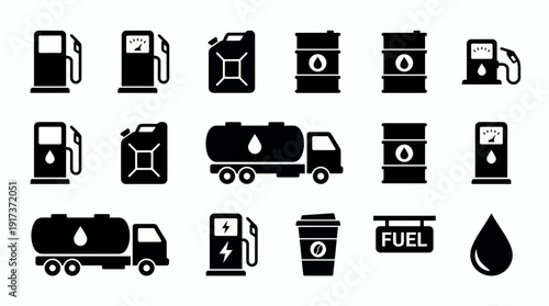 Black silhouette icons of fuel pump, oil barrel, gas tank truck, jerrycan and electric charging station, concept for energy industry symbols, petrol station app and fuel logistics management
