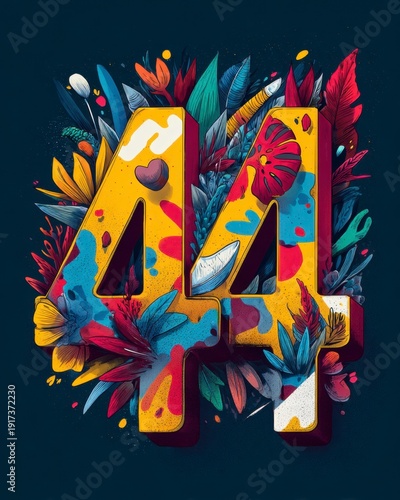Colorful Floral Design with Number 44 in Vibrant Tropical Theme
