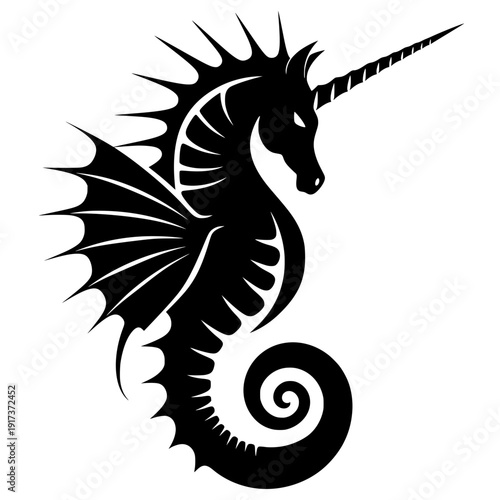 Canvas Print black unicorn seahorse silhouette illustration with wing and spiral horn, mythical fantasy creature symbol isolated on white background in elegant minimal design