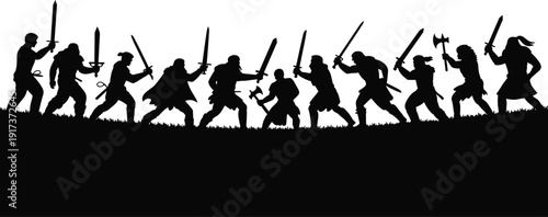 Medieval warrior battle silhouettes vector set with knights fighting using swords and axes, epic fantasy combat scene, dramatic black action illustration packMedieval warrior battle 