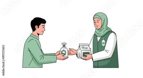 Man and woman exchanging goods.