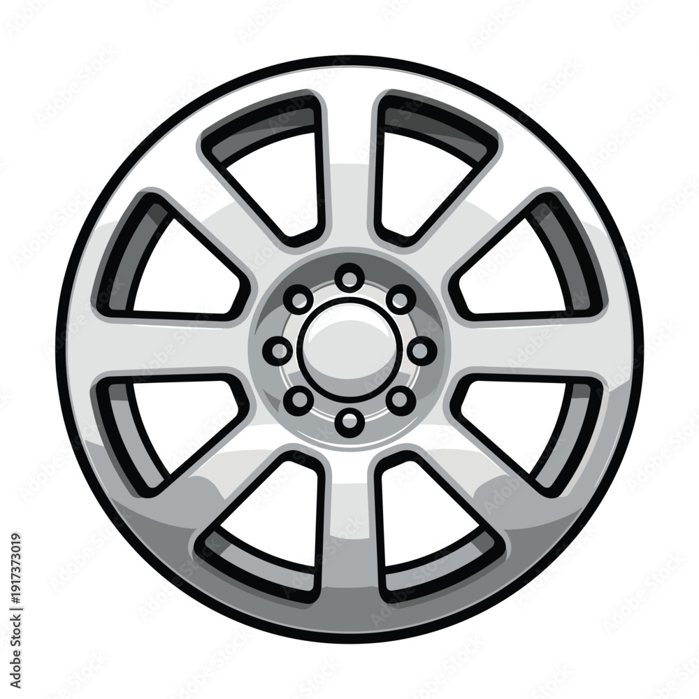 Obraz premium A detailed illustration of a silver alloy wheel with eight spokes and a central hub, viewed from the front, showcasing its sleek design and metallic finish.