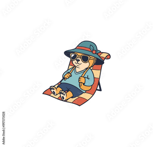 Cartoon bear relaxing on beach chair sunny day recreation concept