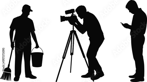 Occupational silhouette vector pack: janitor, cameraman, and mobile phone user in profile, workplace activity icons, editable black vector silhouettes for design projects