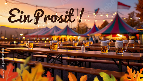 Ein Prosit Invitation featuring Beer Mugs and Illuminated Festival Tents at Night