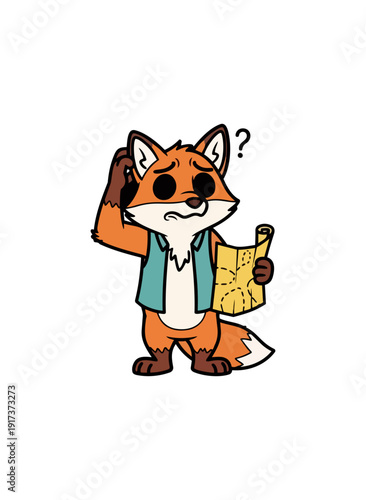 Cartoon fox character with map in doubtful pose