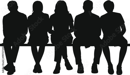People sitting silhouette illustration, group of men and women sitting on bench together, casual social gathering concept, black human figures vector isolated on white background