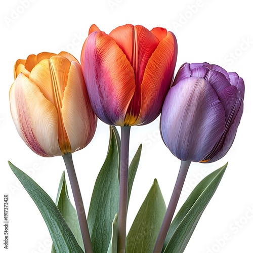 Three Tulips Yellow- Orange Red- Purple and Purple with Green Leaves flower photo