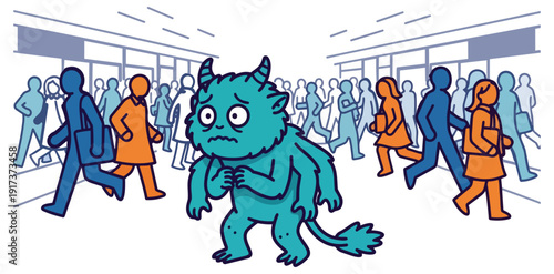 Monster in a crowd of people worried and anxious concept illustration