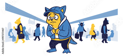 Monster amidst crowd cartoon illustration