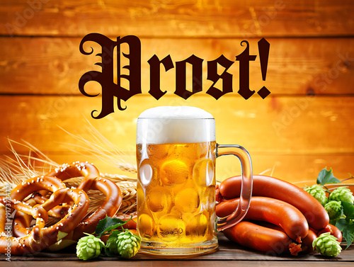 Rustic Oktoberfest Scene with Beer, Pretzels, and Prost Toast on Wood