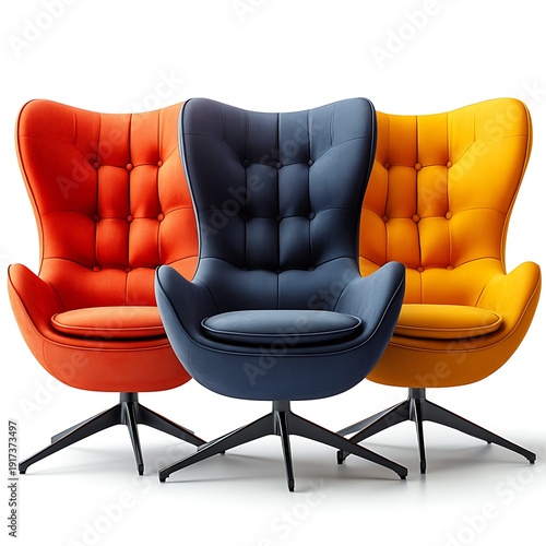 Three Upholstered Wingback Chairs in Orange Blue and Yellow stock photo