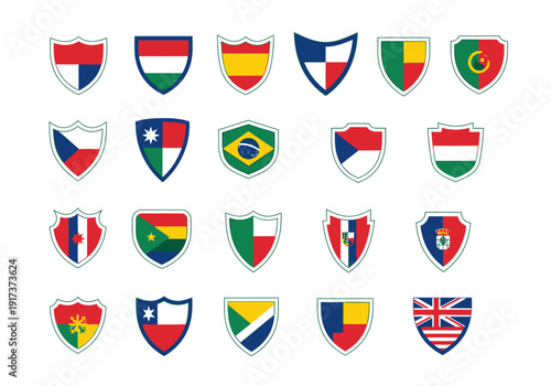 Collection of 21 national flag shields in four rows