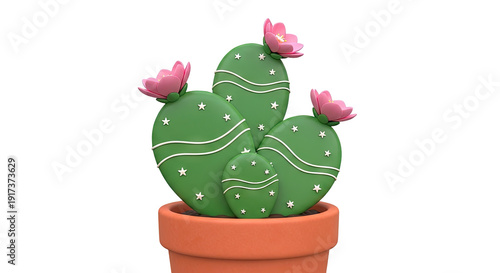Cartoon cactus with pink flowers in a pot