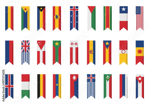 Collection of 32 vertical bannerstyle national flags arranged in four rows