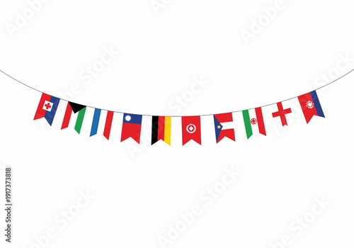 String of diverse national flag bunting against a white background