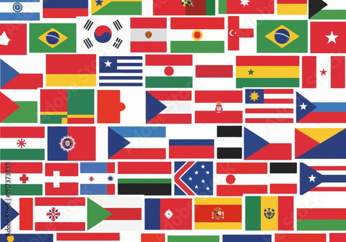 Seamless pattern of various stylized overlapping national flags against a white background