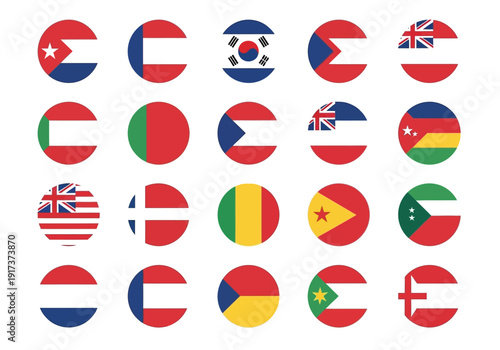 Twenty flags depicted within circular clip icons arranged in four rows of five