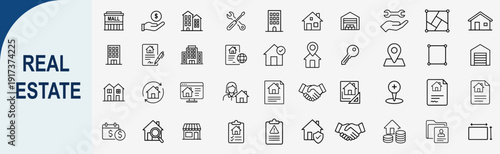 Real estate and property management icons set, outline symbols for house mortgage building architecture and home investment vector illustration