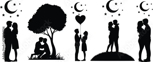 Romantic couple silhouette vector set under moon and stars with tree and heart balloon, love night scene illustration