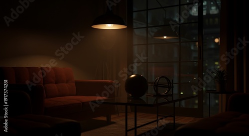 Dimly lit living room with red couch and coffee table and lamp and glass wall at night