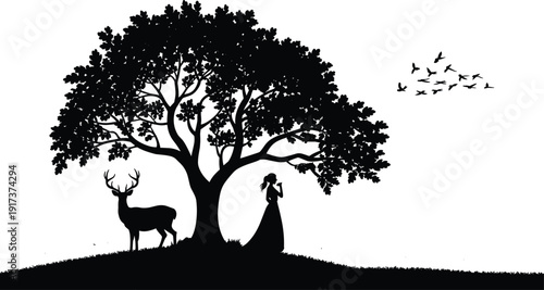 Silhouette nature scene with woman under tree, deer and flying birds, peaceful countryside landscape vector illustration