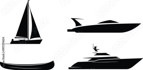 Black boat icons set with sailboat speedboat canoe and luxury yacht isolated on white background, vector watercraft silhouette collection