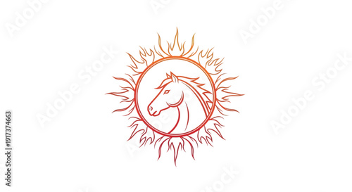 Vector illustration of a Fire Horse logo for Chinese New Year, featuring a horse head in a circle of flames with red and gold design elements.