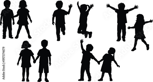 PrintBlack children silhouettes set with happy kids playing and holding hands isolated on white background, vector childhood character collection