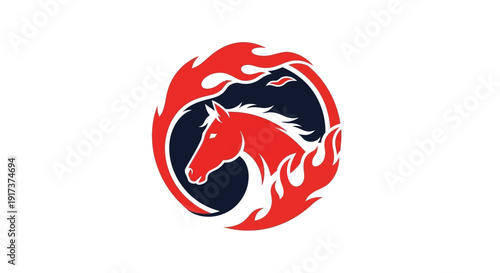 A gold and red Fire Horse zodiac illustration logo features a horse head surrounded by flames on a black background with a modern vector design.