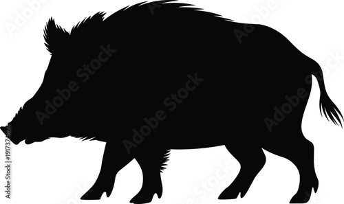 Wild boar silhouette illustration, powerful forest animal side view, black hunting wildlife symbol, nature mammal outline vector isolated on white background