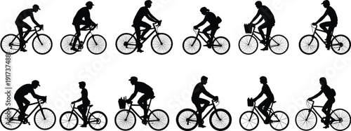 Collection Of Black Silhouettes Of People Riding Bicycles In Different Poses women children