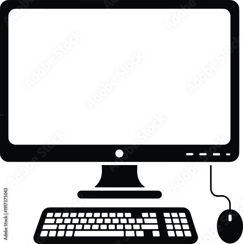Black desktop computer icon set with monitor keyboard and mouse isolated on white background, vector office technology silhouette illustration