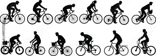 Collection of cyclist silhouettes in different riding positions and styles bicycle bike