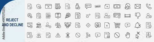 Reject and decline line icons set, outline symbols for denied access invalid document cancelled order and negative feedback vector illustration