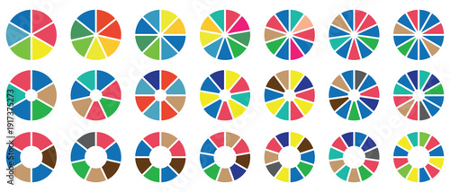 Circle pie chart icons set in different style and color. Process cycle. Pie charts diagrams. 1, 2, 3, 4, 5, 6 ,7, 8, 9, 10 sections or steps. Vector illustration on white background