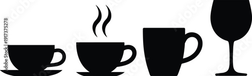 Black drinkware icons set with coffee cup mug and wine glass isolated on white background, vector beverage silhouette collection