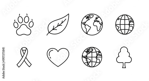 Eco friendly icons set with paw leaf globe ribbon heart and tree symbols for environmental conservation and sustainability