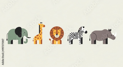 Colorful safari animals lineup on cream background