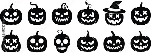 Black Halloween pumpkin and skull silhouettes set isolated on white background, spooky jack o lantern vector icon collection