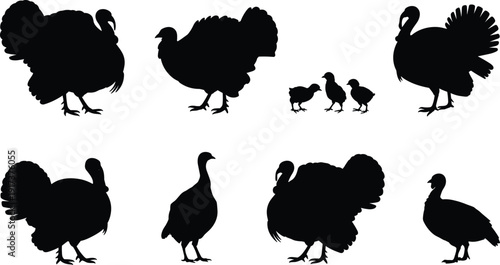 PrintvBlack mushroom silhouettes set with various fungal shapes isolated on white background, vector forest fungus nature illustration collection