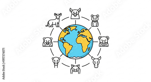 Earth surrounded by various animals in a circular pattern symbolizing global wildlife and conservation