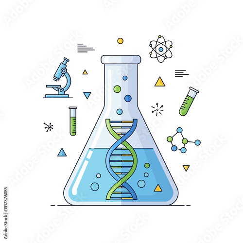 Science Laboratory Flask with DNA Helix, Microscope, and Molecules