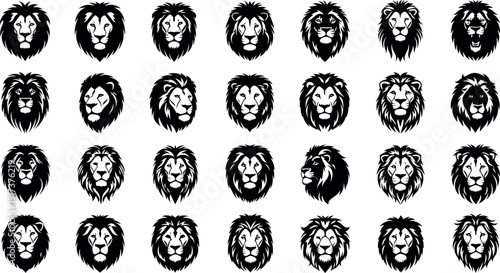 Collection of lion head set illustrations in black and white