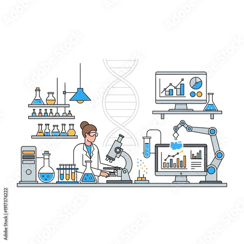 Scientist working in a modern laboratory with microscope, computer, and robotic arm
