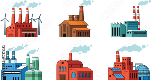 Industrial Factory Icon Set Featuring Power Plants, Manufacturing Buildings, Wind Turbines, and Solar Panels for Energy, Environment, and Global Production Vector Design