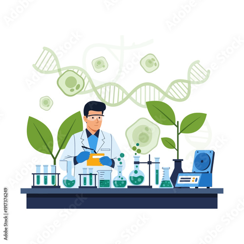 Scientist working in laboratory with DNA, cells, and plants for biotechnology research