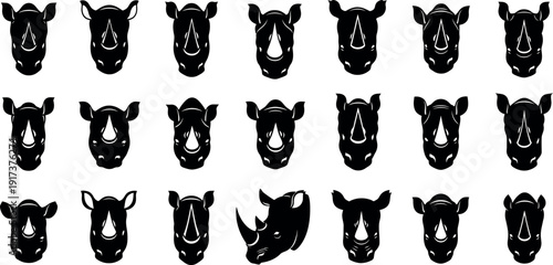 A collection of twenty-four black and white rhinoceros head illustrations showcasing detailed facial features and a diverse range of expressions