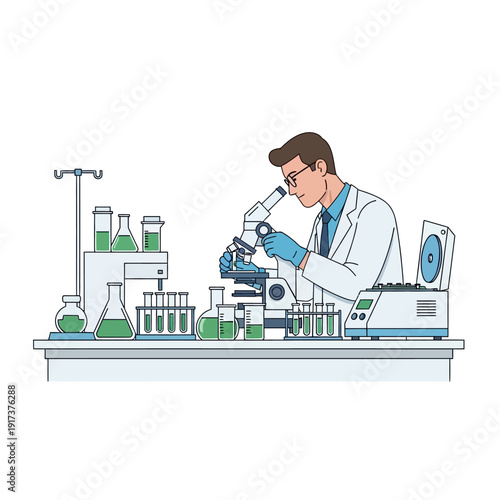 Scientist working with microscope and lab equipment, conducting research in a modern laboratory.